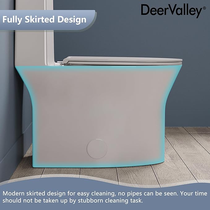 DeerValley Compact One Piece Toilet with Comfortable Seat Height, Modern Standard Toilet for Bathroom, Dual Flush 0.8/1.28 GPF and MAP 900g, 12'' Rough-In Skirted Toilet, DV-1F0250