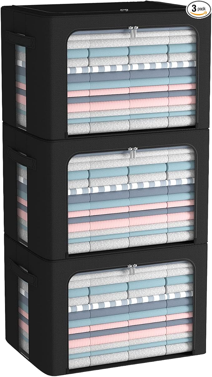 3Pack Frame Storage Box - Clothes Storage Bin Bags Oxford Fabric Foldable Stackable Container Organizer Set with Clear Window & Carry Handles (Black, Large-66L)