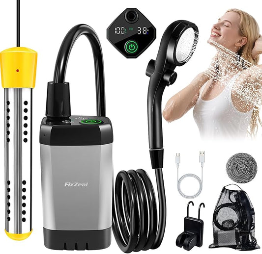 Portable Shower With Heater,6000Mah Rechargeable Portable Shower For Camping With 2000W Auto-Off Heater,4 Spray Modes,LED Display,Portable Shower Pump,Outdoor Shower For Camping,Hiking,Travel,Car,Pet