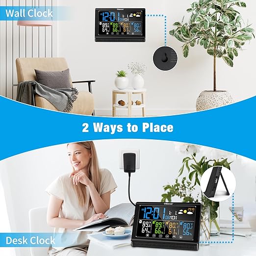 Geevon Weather Station Wireless Indoor Outdoor Thermometer 3 Sensors, Color Display Digital Temperature Humidity Monitor with Barometer, Calendar, USB Charge and Adjustable Backlight