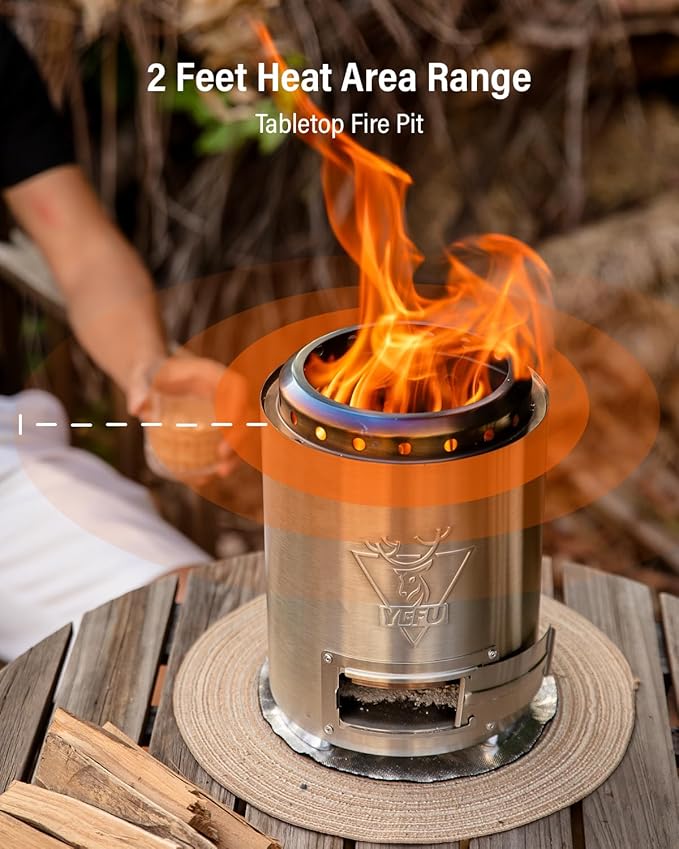 YEFU Tabletop Fire Pit 9.7 x 7.1 in, Flame Intensity Control Camping Stove for Outdoor & Patio, Fueled by Pellets or Wood, Safe Burning Table Top Firepit, with Travel Bag & 2 Mini Sticks, Silver
