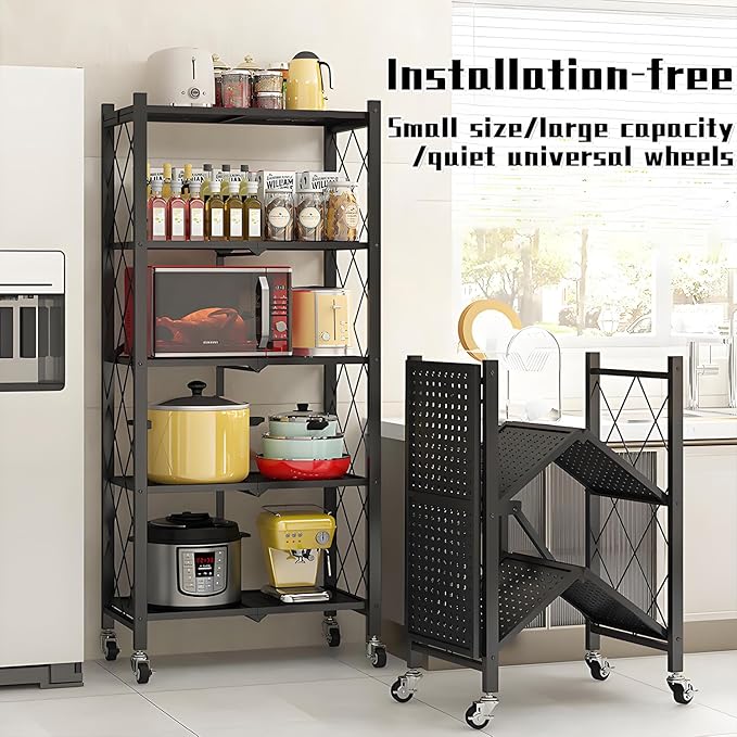 4-Tire Storage Rack, 28*13*34.5in Foldable Metal Garage Storage Shelves Organizer, Portable Metal Kitchen Shelving, Closet Shelving Unit Bakers Rack Microwave Stand, Green(Tiered Shelf-3)