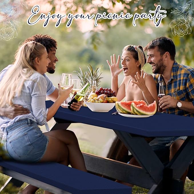 Irenare 3 Pcs Picnic Table and Bench Fitted Tablecloth Cover for 6 Ft Table 30 x 72 Inch Vinyl Fitted Elastic Edges Waterproof Wipeable Tablecloth for Indoor Outdoor Picnics Patio Camping (Navy Blue)