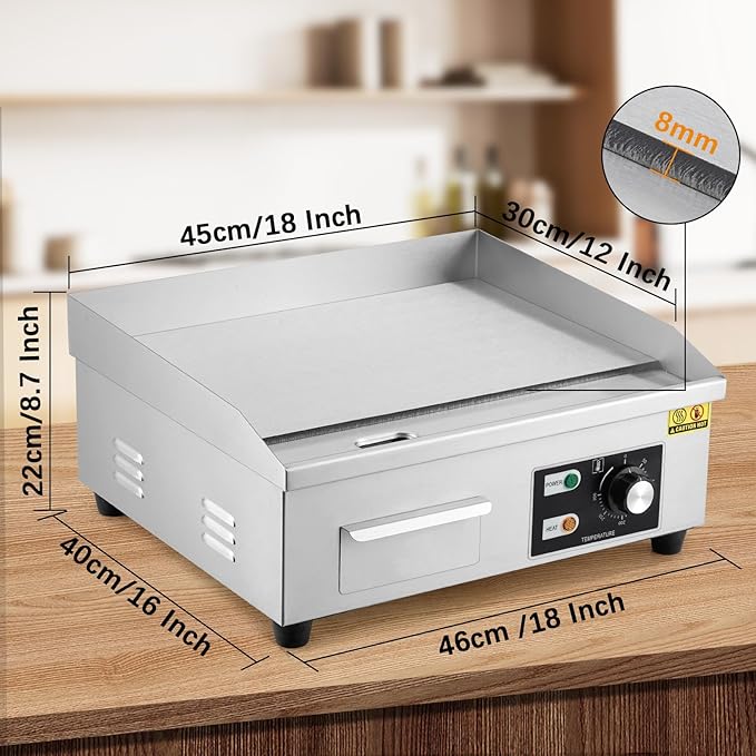 GarveeHome 18 In Commercial Electric Griddle,110V 1600W Electric Restaurant Teppanyaki Flat Top Grill With Shovels & Brushes, Non-Stick Countertop Griddle, Adjustable Temperature Control 122°F-572°F