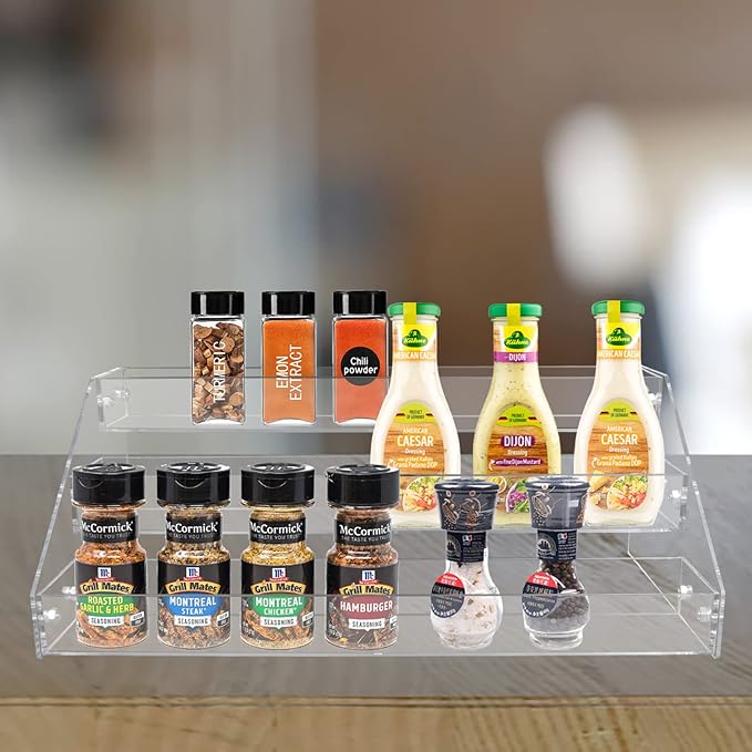 PMMASTO Tiered Spice Rack, Seasoning Organizer, Clear Acrylic Vertical Shelves Can Organizer for Countertop, Cabinet, Pantry, Kitchen Organization and Storage - 3 Tier