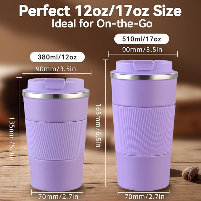 12OZ Travel Coffee Mug Insulated Coffee Cup with Spill Leak Proof Lid, Portable Stainless Steel Tumbler Reusable Hot and Cold Water Mug for Car, Daily, Camping- Purple