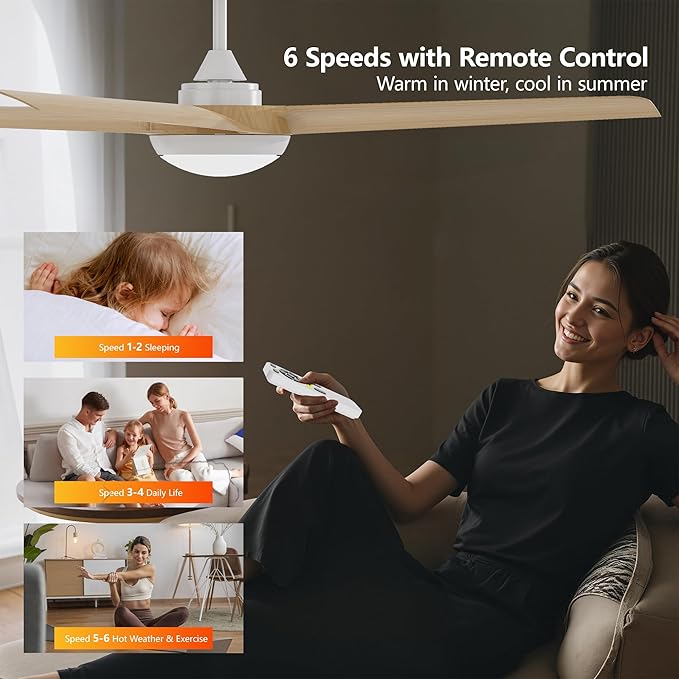 52 Inch Ceiling Fan with Light and Remote, 4 Blades, Quiet DC Motor, Reversible Fan with Dimmable LED Light, for Bedroom Living Room(Grain)