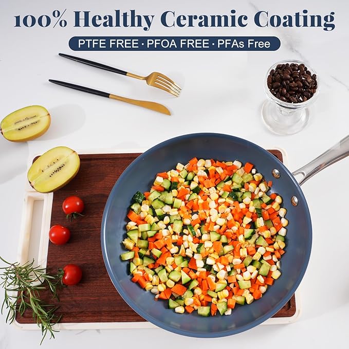 Stainless Steel Non Stick Frying Pan,10 Inch Healthy Non Toxic Ceramic Coating Cookware with Lid,Works on Induction, Electric Stove and Gas Cooktops,PTFE PFAS PFOA Free Skillet,Dishwasher&Oven Safe