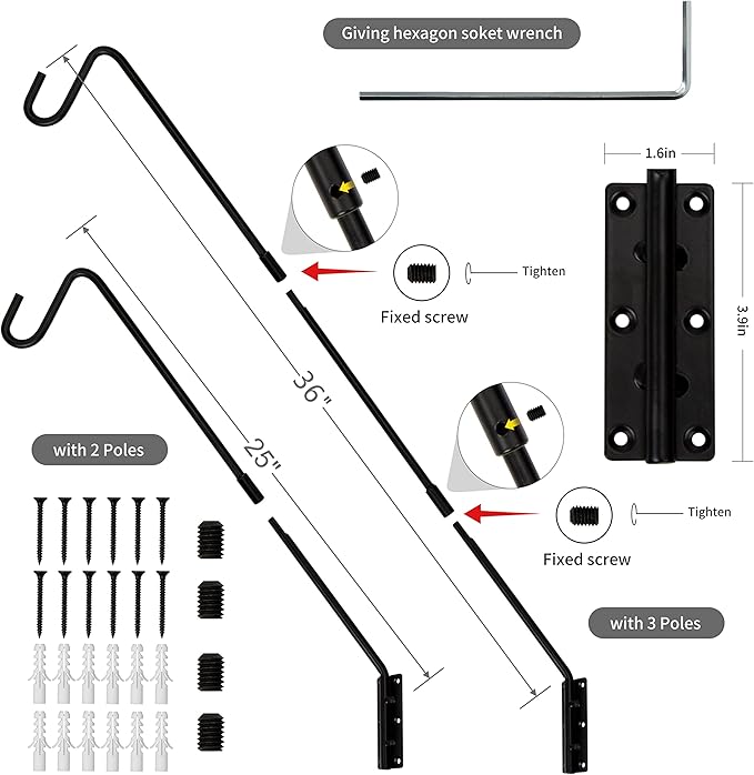 Juegoal 2 Pack Heavy Duty Deck Hook, 25 Inch to 36 Inch Wall Mounted Extended Reach Deck Hook Wall Pole Plant Bracket for Hanging Bird Feeder, Plants, Suet Baskets, Lanterns, Wind Chimes