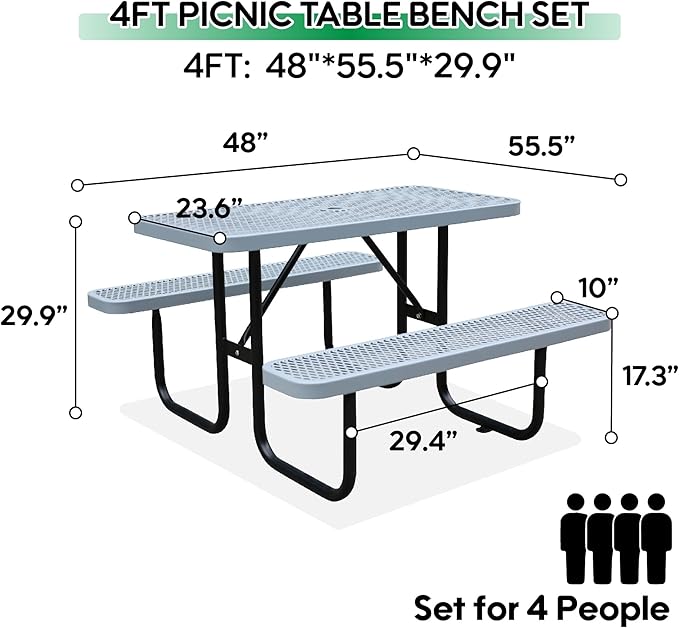 4FT Metal Picnic Tables for Outdoors, Commercial Rectangular Picnic Table and Bench Set for Outside, Patio, Garden, Backyard, Porch, Surface Mount, Grey