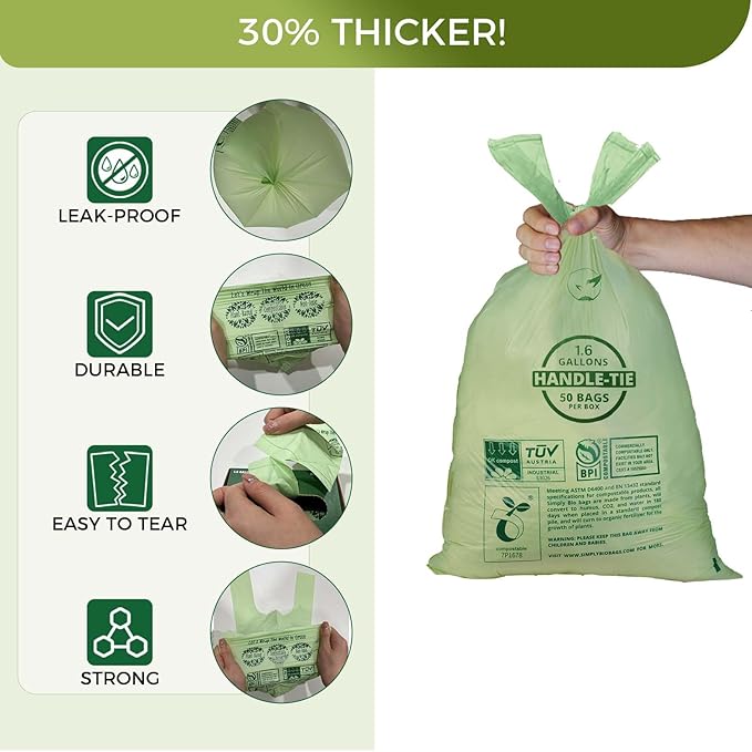 1.6 Gallon Compostable Trash Bags Drawstring, Heavy Duty Extra Thick 0.6 Mil, 6.06 Liter, 50 Bags, Small Kitchen Food Scrap Waste Bag, Unscented Pet Waste Bags, US BPI and OK Compost Home Certified