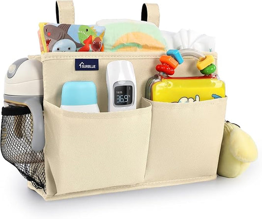 Surblue Bedside Caddy Hanging Organizer Storage Bag Pocket for Bunk, Hospital, College Dorm Rooms, Baby Bed Rails, Camp - 8 Pockets, Large, Beige