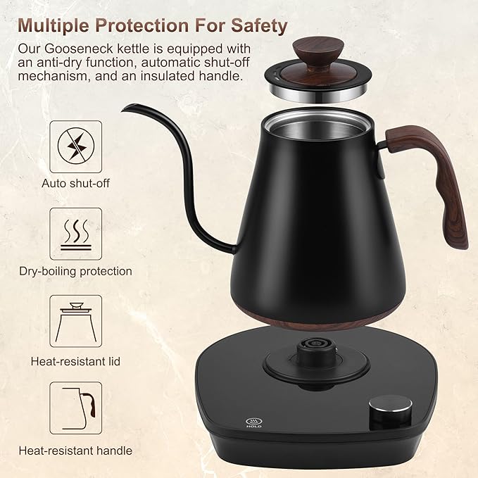 Gooseneck Electric Kettle, Intelligent Temperature Control, Stainless Steel Inner, Quick Heating, for Pour Over Coffee, Brew Tea, Boil Hot Water, 1000W 0.9L Black