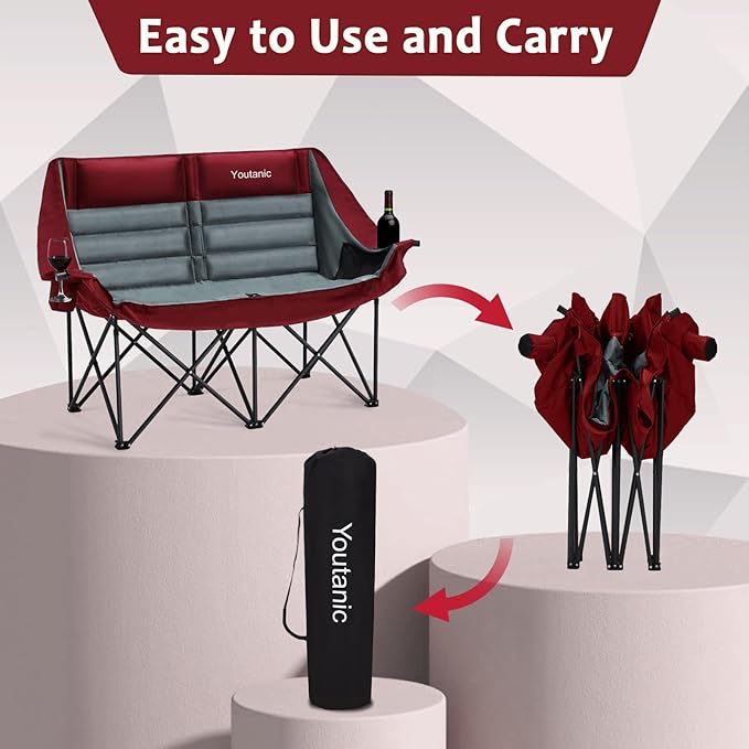 Oversized Camping Chair, Double Folding Loveseat Camping Couch with Pocket, Cup Holder and Carry Bag, Heavy Duty Portable Camping Chairs for Adults, Fishing, Sports, Trip, up to 660lbs, Red