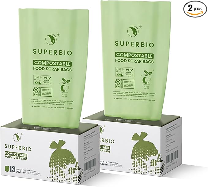 SUPERBIO 13 Gallon Flat Top Compostable Food Waste Bags, 50 Count, 2 Pack, 49.2L, 0.87 Mil, ASTM D6400 BPI and OK compost INDUSTRIAL