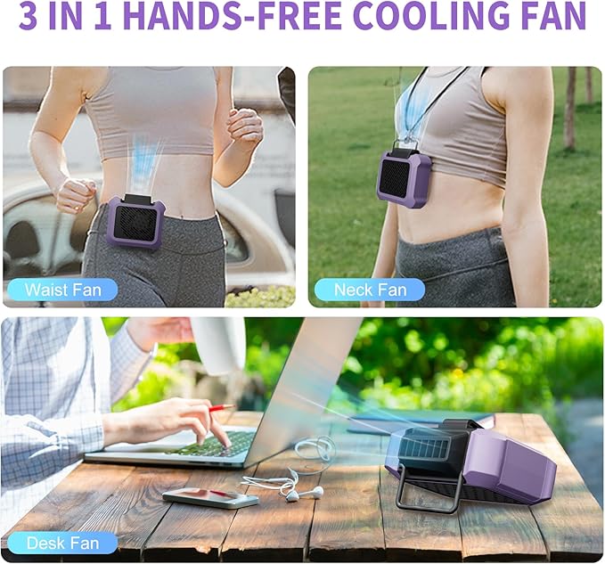 Portable Waist Fan, Personal Clip on Fan Rechargeable Hands-Free Hanging Neck/Desk Fans with 3-Speed Settings & LED Light, Small Wearable Cooling Belt Shirt Fans for Camping Travel Outdoors