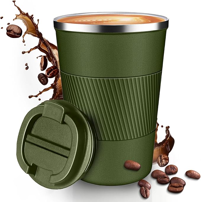 12OZ Travel Coffee Mug Insulated Coffee Cup with Spill Leak Proof Lid, Portable Stainless Steel Tumbler Reusable Hot and Cold Water Mug for Car, Daily, Camping- Military Green