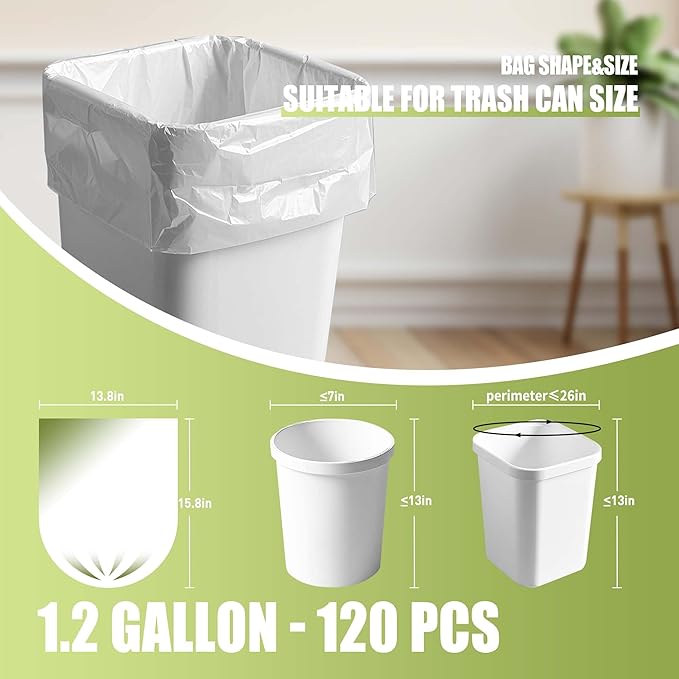 Zhuqing 1.2 Gallon Trash Bags, 5L Biodegradable Garbage Bags, 120 Counts Compost Wastebasket Liners Bags for Kitchen Bathroom Office, White