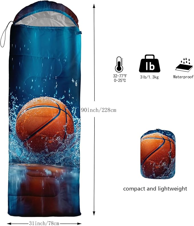 Kids Sleeping Bag for Boys Girls,3D Basketball Print-Lightweight Warm Portable Outdoor Indoor-Waterproof Cold Weather Resistant Sleeping Bag for Camping Hiking