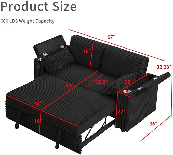 Convertible Corduroy Sofa Bed with USB Charging Port & Cup Holders, 68.11" Foldable Sleeper Chair with Armrests & Pillows, 3-in-1 Floor Futon for Living Room, Bedroom, Guest Room，Easy Assembly