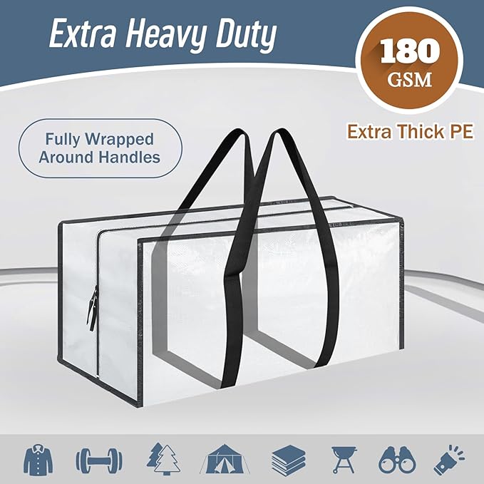 6 Pack Extra Heavy Duty Large Moving Bags with Strong Zipper & Comfortable Handles, Sturdy & Durable Clothes Storage Bags Totes Bins, Packing Moving Boxes for College Supplies, White