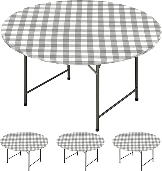 Fitable Round Vinyl Fitted Table Cover - 4 Pack Waterproof Checkered Elastic Edged Tablecloth Flannel Backed Table Cloth for Picnic Party, Silver/White (Fit for 45"-56" Round Tables)