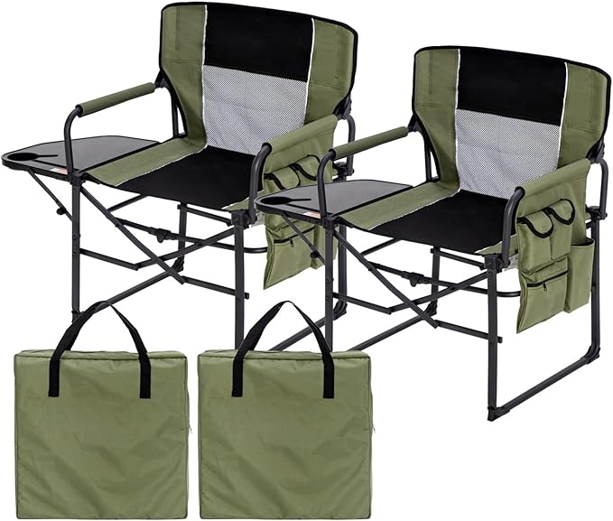 Wide Folding Director Chair with Table, Outdoor Camping Chair for Adults with Cup Holder Load 330 Lbs, Portable Lightweight Chair for Outside with Carry Bag for Patio, Green-2Pack