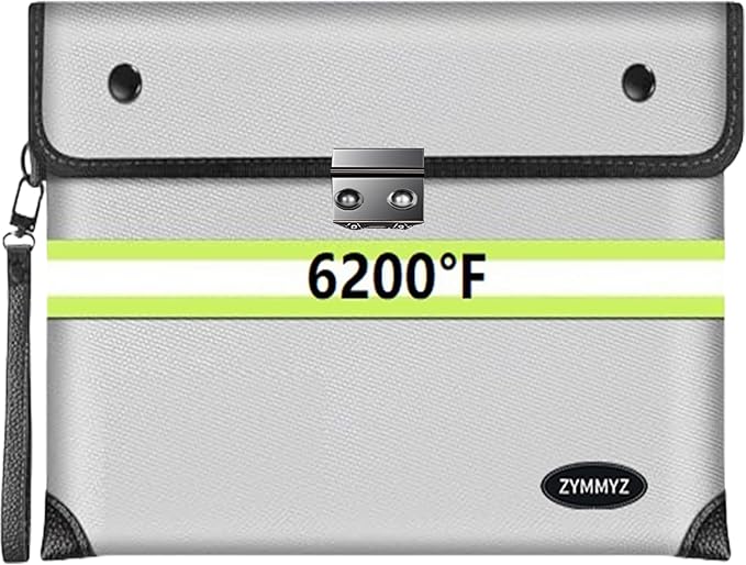Fireproof Document Bag with lock Water Resistant Zipper,6200°F Heat Insulated Fire Proof Pouch with Soft Leather Hand Strap,Fire Envelope for Cash,Documents,Jewelry（Not Suitable for A4 Files）