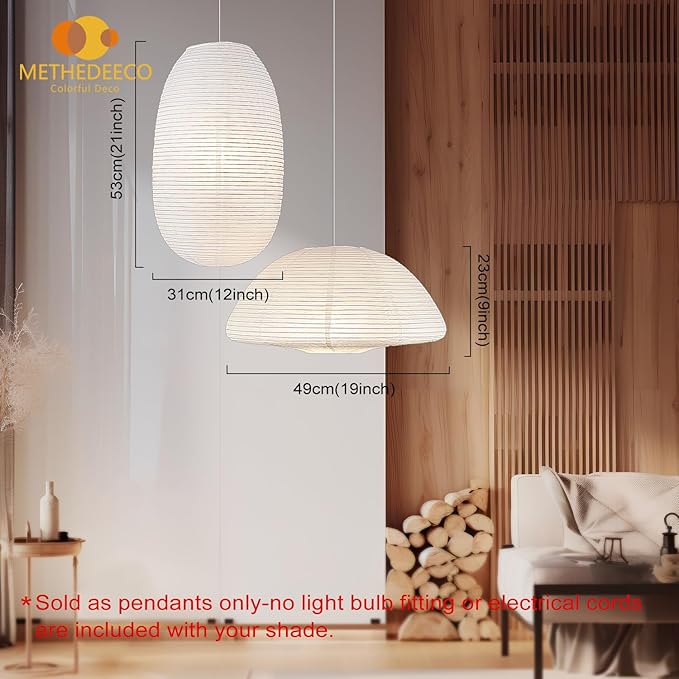 White Paper Lanterns 19+21inch 2PCS Large Rice Paper Lamp Shade Hanging Semicircular and Elliptical Pendant Light Shade Chinese Lantern for indoor bedroom,living room.gift for her