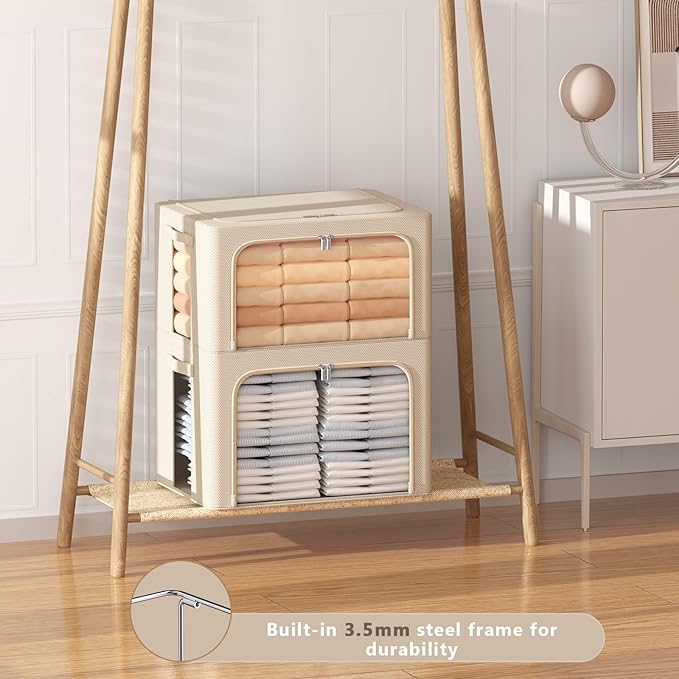 3Pack Frame Storage Box - Clothes Storage Bin Bags Oxford Fabric Foldable Stackable Container Organizer Set with Clear Window & Carry Handles Large Capacity (Beige, Extra Large-100L)