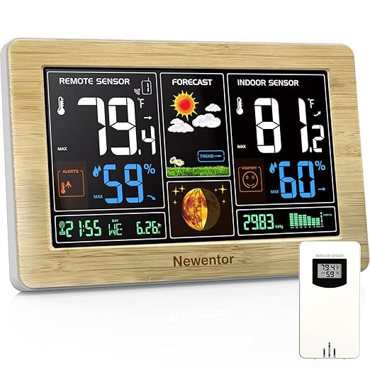 Newentor Weather Station Wireless Indoor Outdoor Thermometer, Color Display Digital Weather Thermometer with Atomic Clock, Barometric Pressure, Forecast Station with Adjustable Backlight, Wood