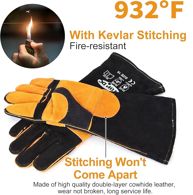 TOPDC Welding Gloves 16 Inches 932℉ Fire/Heat Resistant Leather Welding Gloves For Mig, Tig, Stick, Forge, BBQ, Grill, Fireplace, Wood Stove, Furnace, Oven, Animal Handling for Safe, Loving Pet Care