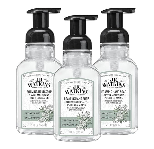 J.R. Watkins Foaming Hand Soap Pump with Dispenser, Moisturizing Hand Soap Foam, Alcohol-Free, Cruelty-Free, , Use for Kitchen or Bathroom, Eucalyptus, 9 fl oz,3 Pack