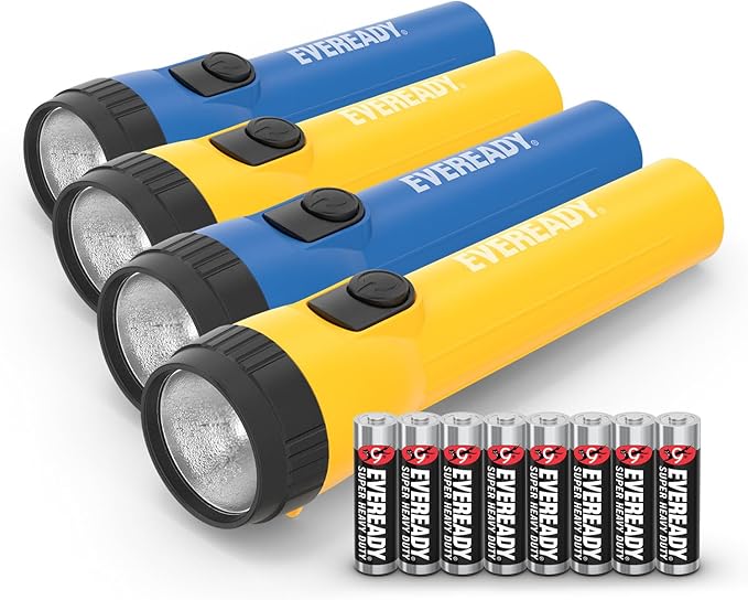EVEREADY LED Flashlights (4-Pack), Bright Flashlights for Emergencies and Camping Gear, Flash Light with AA Batteries Included, Blue/Yellow (4-Pack)