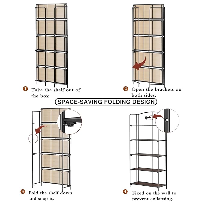 Crofy No Assembly Folding Bookshelf for Living Room, 5 Tier Black Collapsible Book Shelf for Home Office, Portable Bookcase Storage Organizer