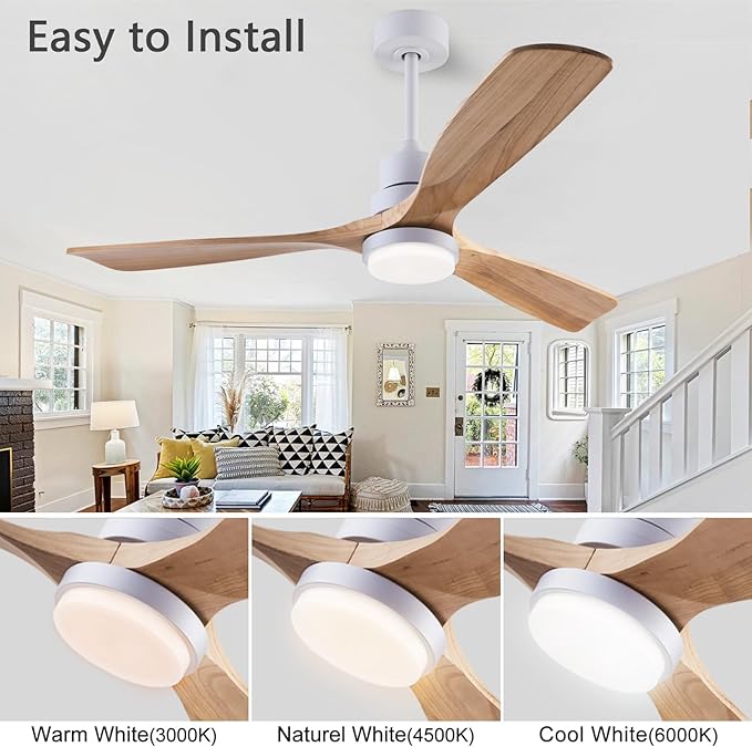 48" Wood Ceiling Fan with Light and Remote Control, Indoor Outdoor Wooden 3 Blades Ceiling Fan for Patio Living Room, Bedroom, Office,Reversible DC Motor(White + Raw wood)