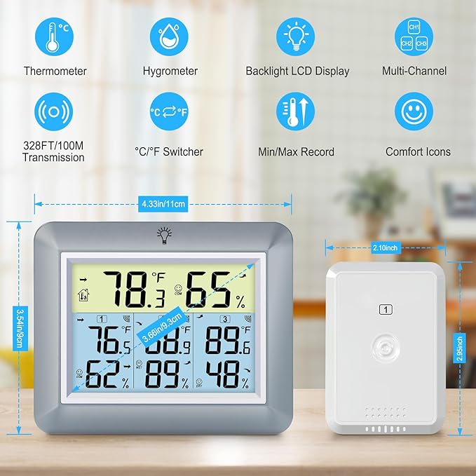 Urageuxy Indoor Outdoor Thermometer Wireless Weather Station with Temperature and Humidity Monitor Digital Hygrometer with 3 Remote Sensors, Min/Max Record,℃/℉ Switcher, Backlight, Grey