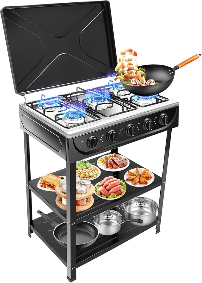 5-Burner Natural Gas Stove, Outdoor Camping Grill Stove, Portable Floor Standing Cooktop Cooker with Storage Stand and Wind Blocking Cover, Manual Ignition for Outdoor RV (Black)