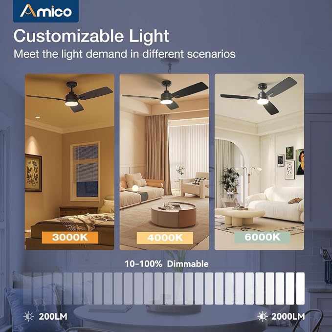 Amico Ceiling Fans with Lights, 52 Inch Ceiling Fan with Light and Remote Control, Black Fan, Reversible, 3CCT, Dimmable, Noiseless, Ceiling Fan for Bedroom, Indoor/Outdoor Use