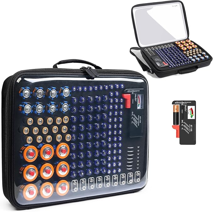 Luxtude Battery Organizer Storage Case with Tester, Clear Battery Storage Organizers Holds, Hard Batteries Holder Organizers, Portable Batteries Case Organizer (Black Large)