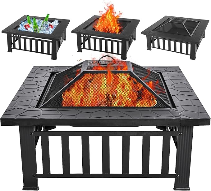Multifunctional Fire Pit Table 36 inch Square Metal Firepit Stove Backyard Patio Garden Fireplace for Camping, Outdoor Heating, Bonfire and Picnic