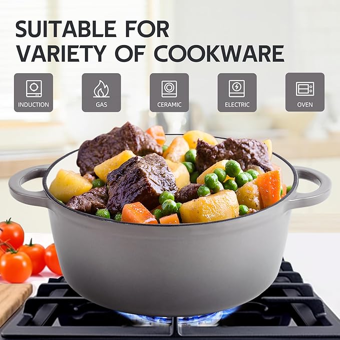 4.5 Quart Dutch Oven Enameled Cast Iron with Lid - Big Dual Handles - Oven Safe up to 500°F - Classic Round Pot for Versatile Cooking Light Gray