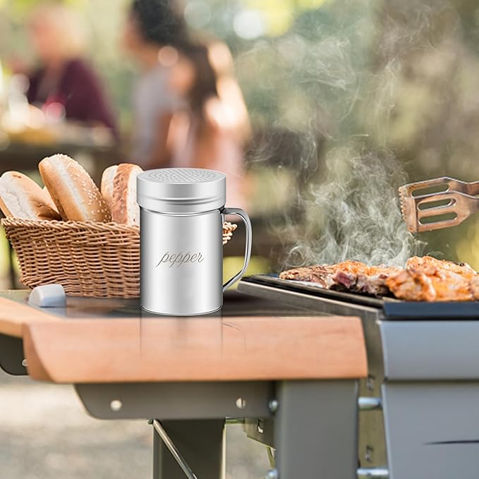 Stainless Steel Salt and Pepper Shakers Set, 14 OZ Seasoning Spice Shaker with Lid and Handle 127 Holes, Metal Dredge Shaker for Powder Sugar Cooking Kitchen Baking (2 Pieces)