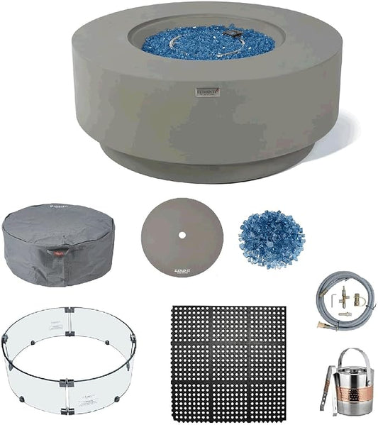 Elementi+ | Bundle Colosseo Gas Fire Pit Cast Concrete 40" Dia. Round Fire Table, Outdoor Fire Pit Electronic Ignition | Canvas Cover, Fire Glass and Burner Lid Included | Light Gray | Natural Gas