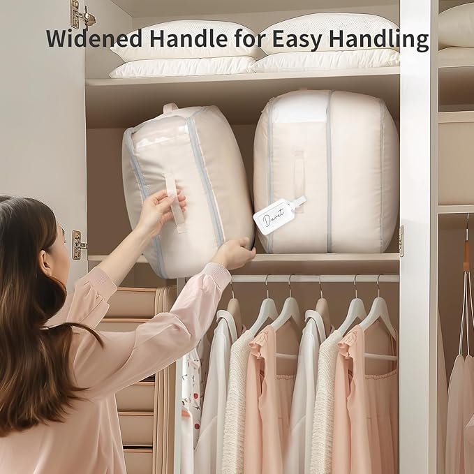 DIMJ 66L Comforter Storage Bag - 2 Pack Space Saving Self Compression Bags for Blankets, Duvets, Pillows, Bedding, and Down Jackets with Clear Window and Handle