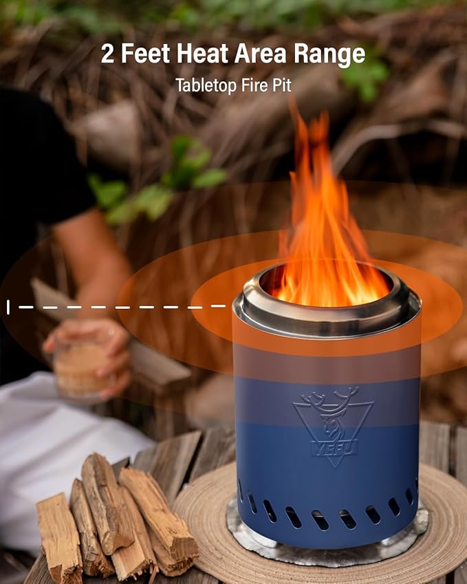 YEFU Tabletop Fire Pit 9.7 x 7.1 in, Low Smoke Camping Stove for Outdoor & Patio, Fueled by Pellets or Wood, Safe Burning Table Top Firepit, with Travel Bag & 2 Mini Sticks & Fireproof Mat, Blue