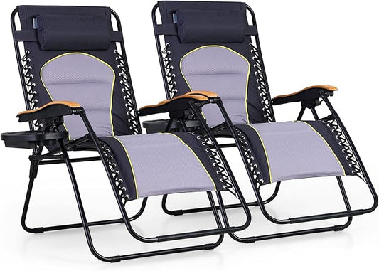 PHI VILLA XXL Oversized Padded Zero Gravity Chair, Foldable Patio Recliner, 30" Wide Seat Anti Gravity Lounger with Cup Holder, Set of 2, Support 400 LBS (Gray Accent)