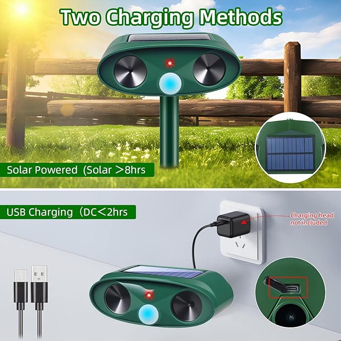 4 Pack 2025 Ultrasonic Solar Animal Repellent Outdoor, Squirrel Fortress Pro Deer Repellent Devices Motion Detection,Waterproof Repeller for Cat Mouse Raccoon Dog Rabbit,Garden Yard Protection