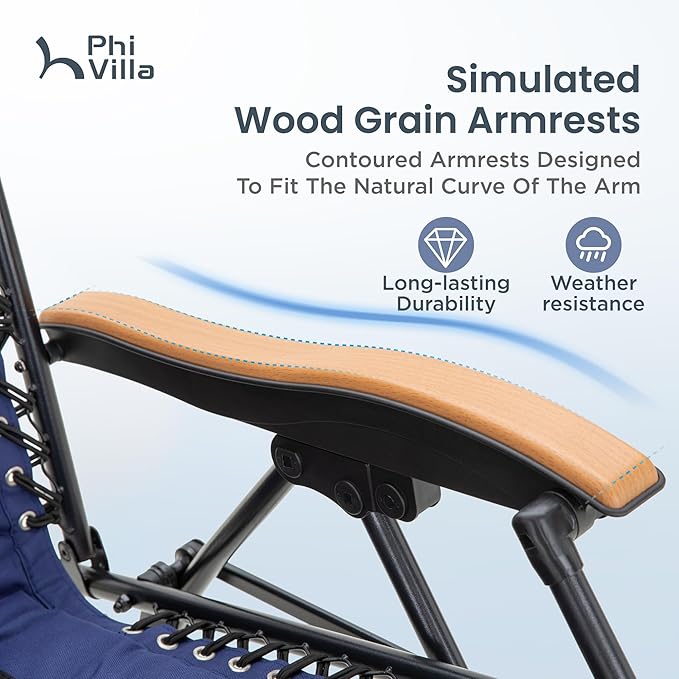 PHI VILLA XXL Oversized Padded Zero Gravity Chair, Foldable Patio Recliner, 30" Wide Seat Anti Gravity Lounger with Cup Holder, Set of 2, Support 400 LBS (Navy Blue)