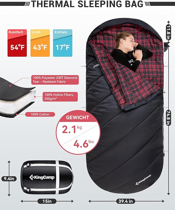 KingCamp Sleeping Bag for Adults, Cold Weather & Warm Extra Wide Big & Tall XL Portable Waterproof Flannel Sleeping Bags, Essentials Gear Accessories for Camping Backpacking Hiking Indoor & Outdoor